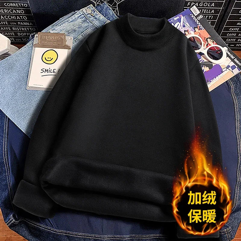 Male Everyday Wear Knitted Pullover Mock Collar Thick Fleece Lining Long Sleeve Warm Sweater For Chilly Weather