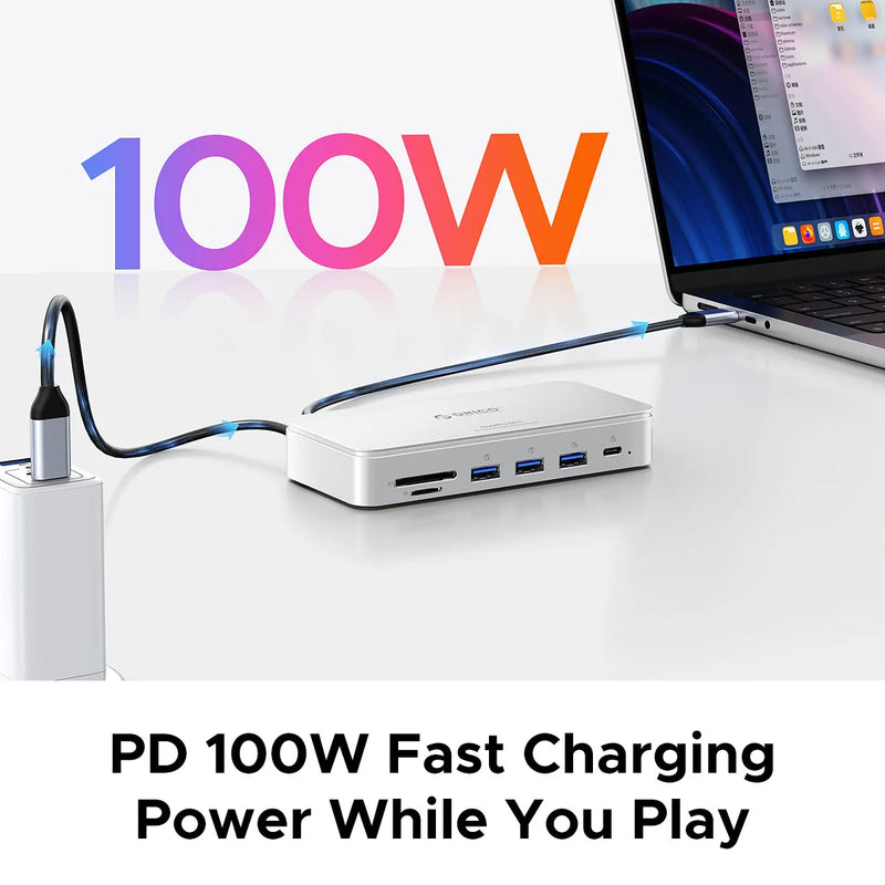 ORICO M.2 2230/2242/2260/2280 NVMe SSD Enclosure 10Gbps USB C Storage Docking Station with 8K60HZ HD DP SD/TF PD100W Charger HUB