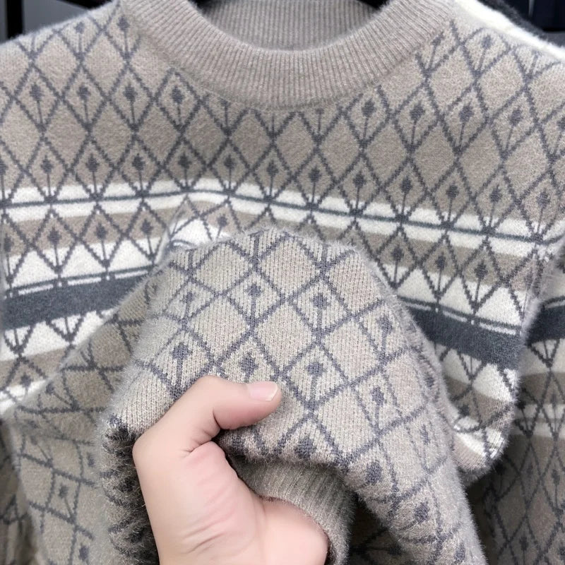High Quality Man Long Sleeved Knitted Sweater Crew Neck Stripes Color Blocking Geometric Pattern Autumn Winter Leisure Pullover