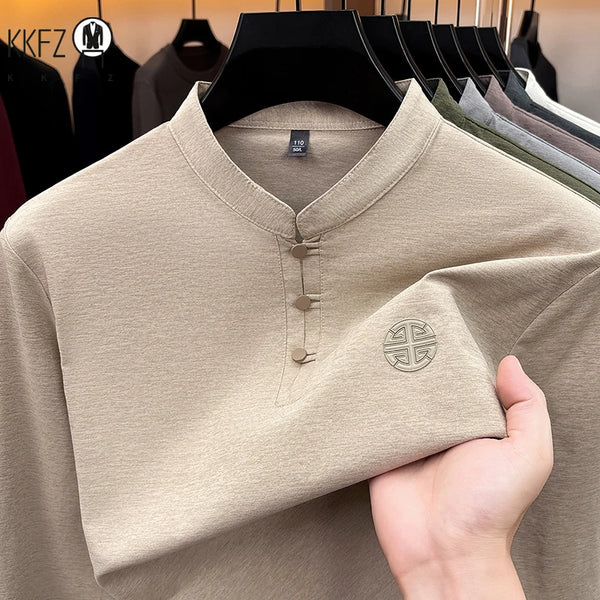 Men Long Sleeve Button Placket Tee Stand Collar Chest Embossed Detail Loose Fit Daily Office Leisure Wear Top