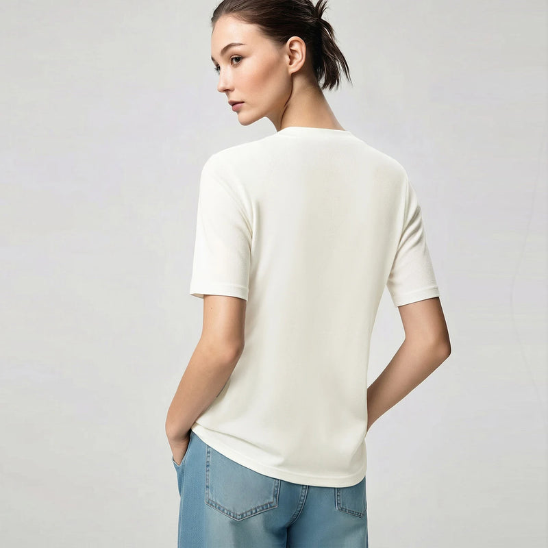 Amii Women's T-Shirt 2026 Summer New Boat Neck Acetate Asymmetric Pleated Stretch Top Fitted Waist Casual Short Tee 12652084