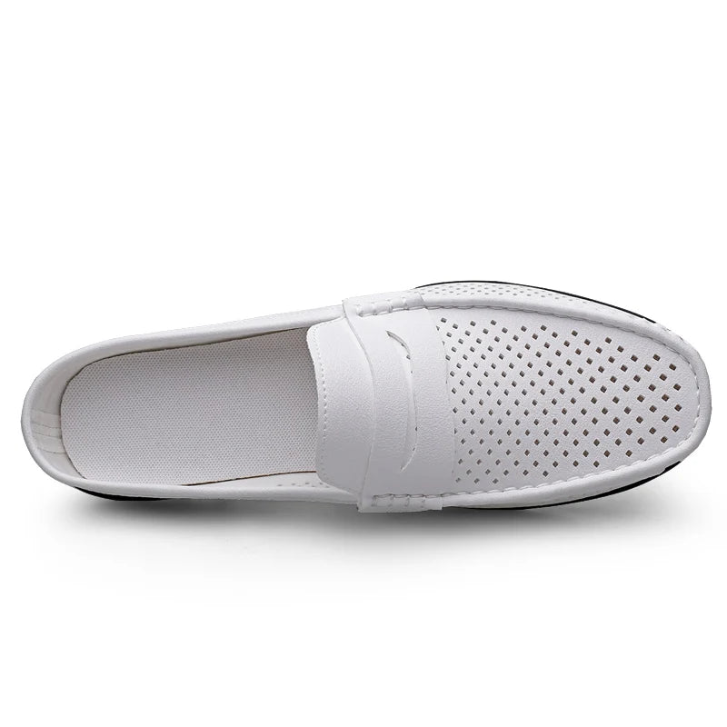 Summer Men Breathable Half Shoes Casual Leather Shoes White Black Slip On Loafers Shoes Big Size 46 47 Dropshipping