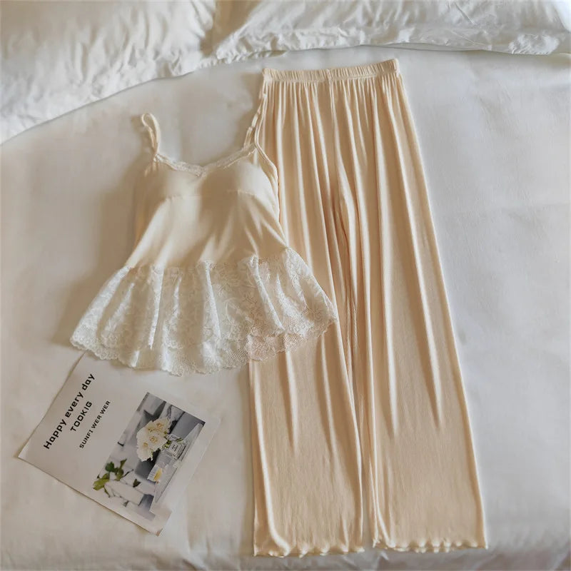 Thin Women's Pajamas Chest Pad Sleeveless Tops and Long Pants Sleepwear 2 Piece Home Clothes Comfortable Loungewear Pijama Suit
