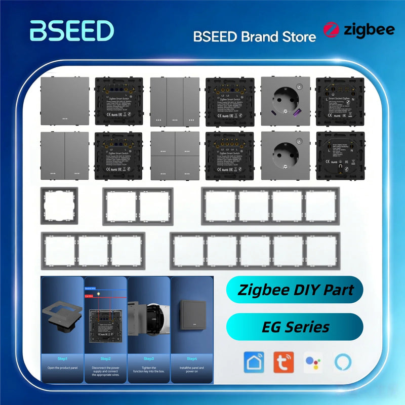 BSEED Zigbee Button Switch 1/2/3/4Gang Switch Module Smart Light Switch DIY Part Plastic Frame Smart Socket Part Tuya Smart Life