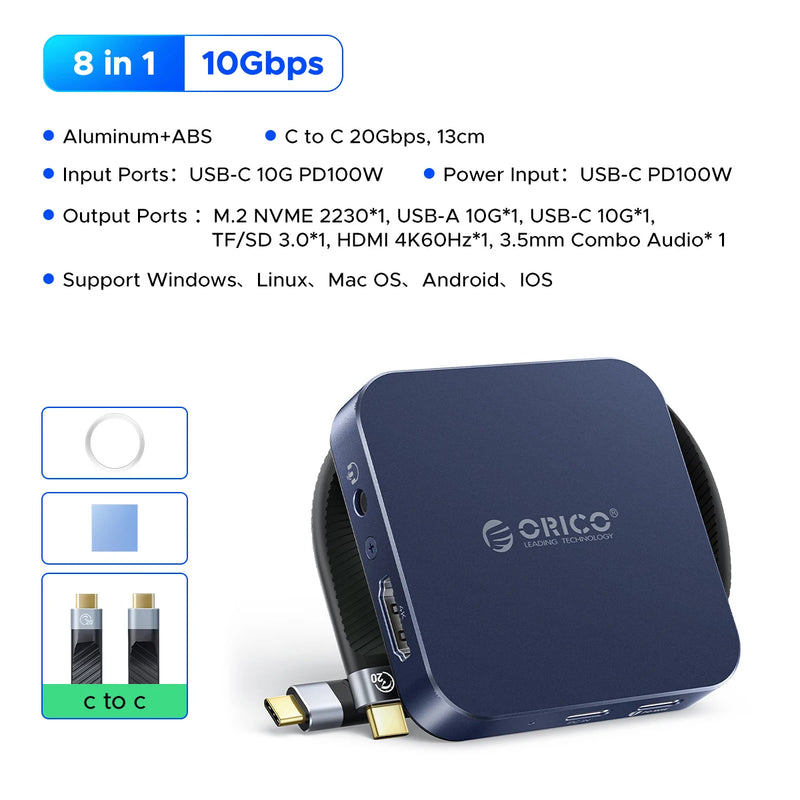 ORICO Magnetic M.2 2230 NVMe SSD Enclosure 10Gbps USB C Docking Station with 4K60HZ HDMI-COM SD/TF PD 100W Charger for iPhone 17
