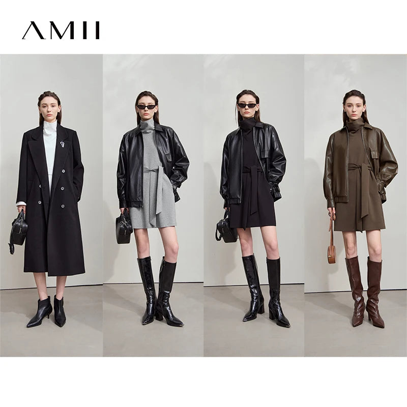 រ៉ូប AMII រដូវស្លឹកឈើជ្រុះតិចតួចបំផុតសម្រាប់ស្ត្រីឆ្នាំ ២០២៥ រ៉ូបកវែងប៉ាក់ឆើតឆាយ រ៉ូបខ្លីដៃវែងពណ៌ខ្មៅធម្មតា 12523019