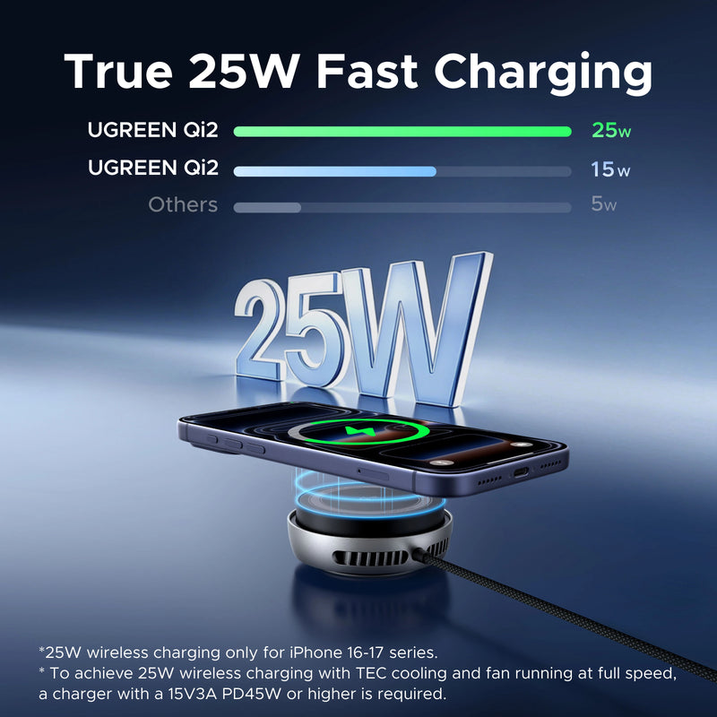 UGREEN MagFlow Pro Qi2.2 25W Magnetic Wireless Charger with Cooling Fan For iPhone 17 16 Pro Max TEC Cooling Charging Pad