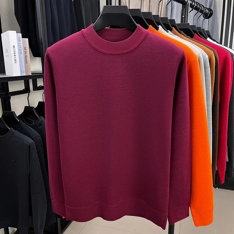 Soft Knitted Half High Neck Sweater Men Full Fleece Lined Thermal Pullover Breathable Long Sleeve Outfit For Fall Winter