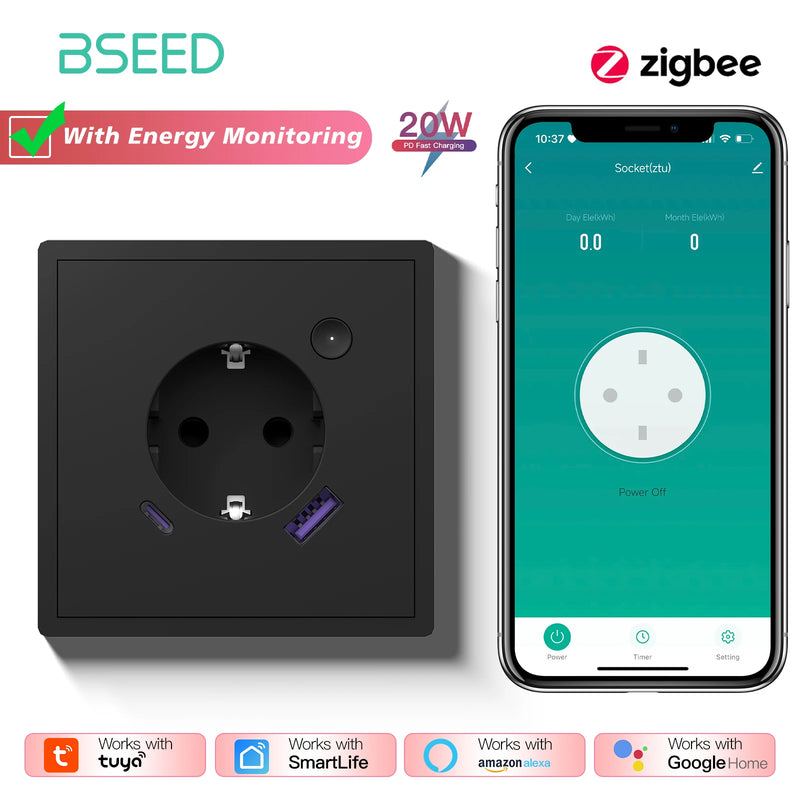 BSEED Zigbee Button Switch 1/2/3/4Gang 2Way Smart EU Socket Plastic Panel Smart Click Switch Tuya Smart Life Alexa Voice Control