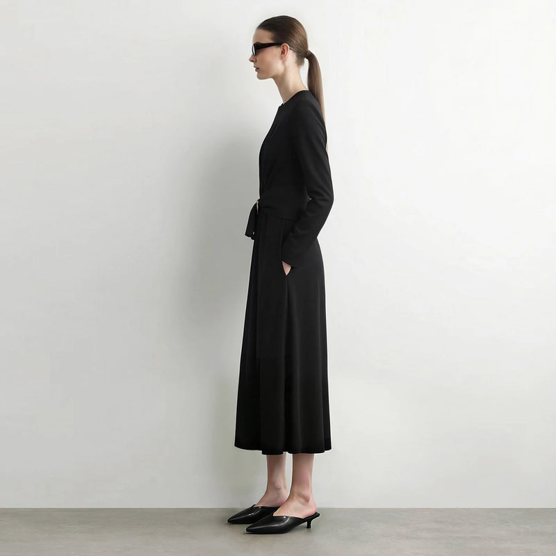 Amii Women's Casual Dresses 2026 Autumn New O-Neck Satin Long Sleeve Elegant D-ring Belt Slim A-Line Dresses For Woman 12643006