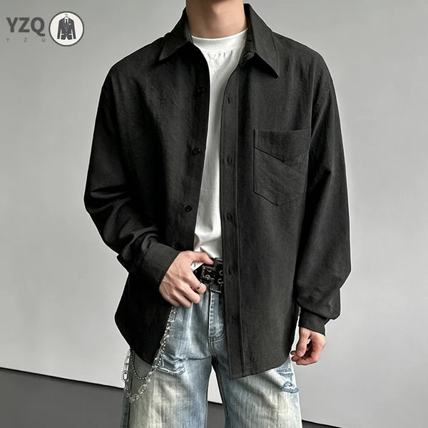 Mens Basic Solid Button Up Shirt Long Sleeve Turn Down Collar Chest Pocket Loose Cut Daily Casual Shirt