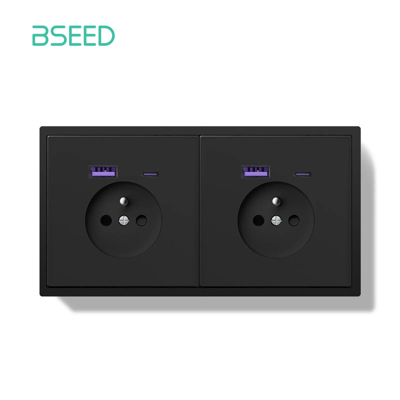 BSEED French Standard Wall Power Socket Electrical Outlets 20W USB Type-C Fast Charge Port Socket White Black Plastic Frame 16A
