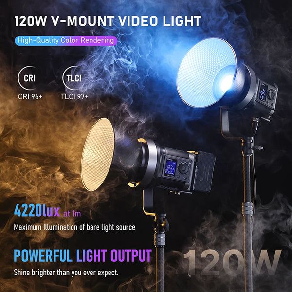 ភ្លើងវីដេអូ Ulanzi VL-120Bi VL-120C 120W V-Mount COB ឥតខ្សែ គ្រប់គ្រងដោយកម្មវិធី 2700K-6500K CRI>95 សម្រាប់ស្ទូឌីយោថតរូបវីដេអូ