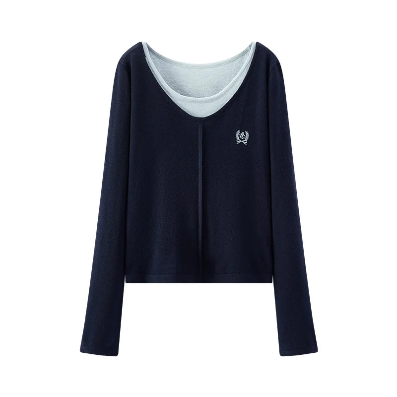 Semir Knitted Sweater Women Winter Short Length Fake Two-Piece Color Block Embroidered Slim 2025 New Sexy Stylish Top