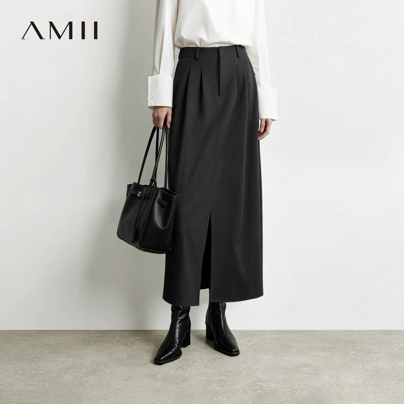 Amii Women Straight Long Skirt Front Slit Loose Fit Slimming Minimalist Commuter Versatile Winter 2026 Skirts for Women 12624016