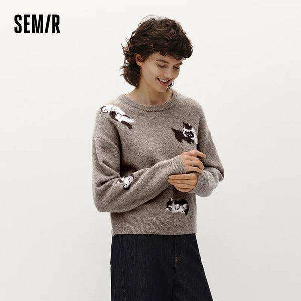 អាវយឺត Semir សម្រាប់នារី រចនាបថឆ្មា ស្មារធ្លាក់ ទំហំតូច 2026 រដូវរងា ប៉ាក់ក្តៅ ស្ទីលប្រចាំថ្ងៃ ទន់ ពាក់ជាស្រទាប់ៗ