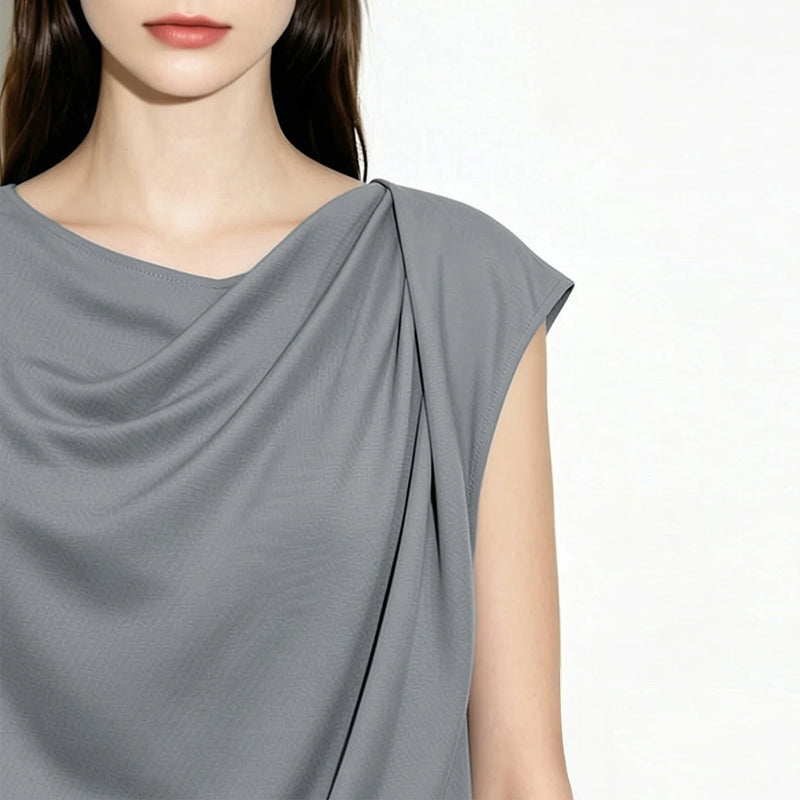 Amii Off Shoulder Women's T-Shirt 2026 Summer New Cap Sleeve Asymmetric Pleated Top Simple Office Casual Tee For Women 12622118