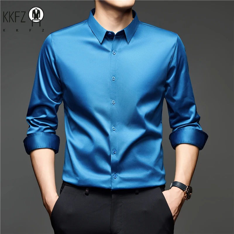 Mens Lightweight Button Up Dress Shirt Lapel Collar Long Sleeve Glossy Texture Top For Daily Business Occasions