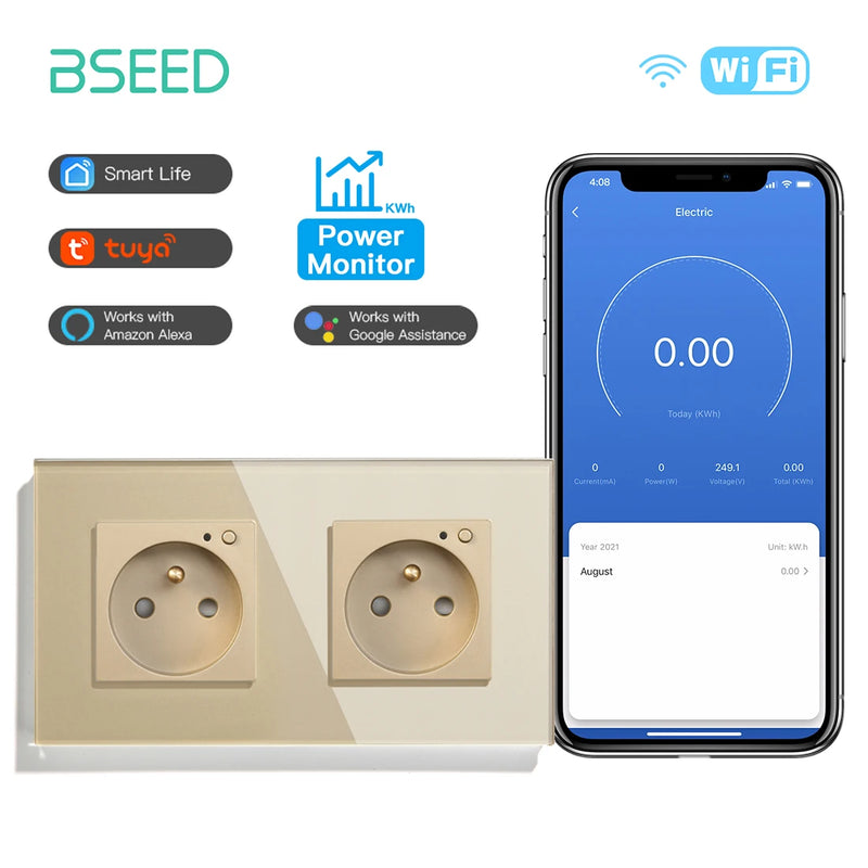 BSEED French Standard Electrical Wifi Smart Socket French Type Power Monitor Timing Function Tuya Alexa Wireless Control 16A