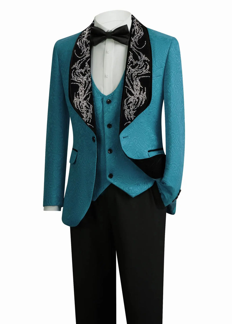 Red Men's Three-piece Suit Set Featuring A Jacquard Jacket and Vest Paired with Pants. Blue, Green, Purple, Pink, and White.