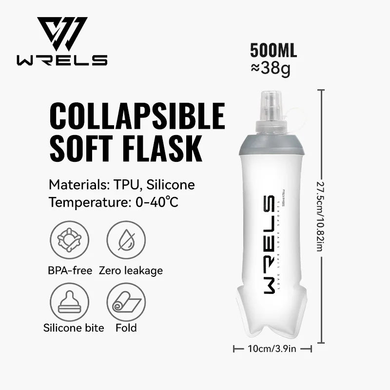 WRELS Soft Flask BPA Free TPU Collapsible Water Bottle Lightweight Foldable Hydration Bottle Wide Mouth Running Squeeze Bottle