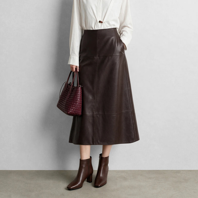 Amii Women's Faux Leather A-Line Midi Skirt Loose Pockets Slim High Waist Business Casual Vintage Skirts Woman Clothes 12643031