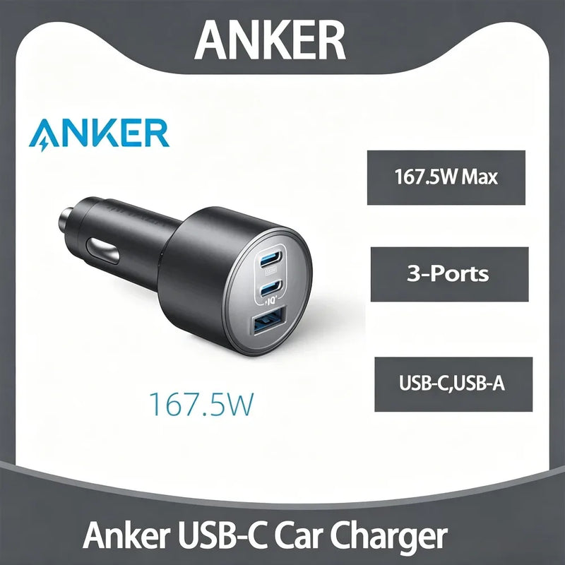 ឆ្នាំងសាករថយន្ត Anker Original 167.5W 3-Port USB-C USB-A PD Fast Charging Adapter សម្រាប់ MacBook Laptop iPhone Samsung Smartphone