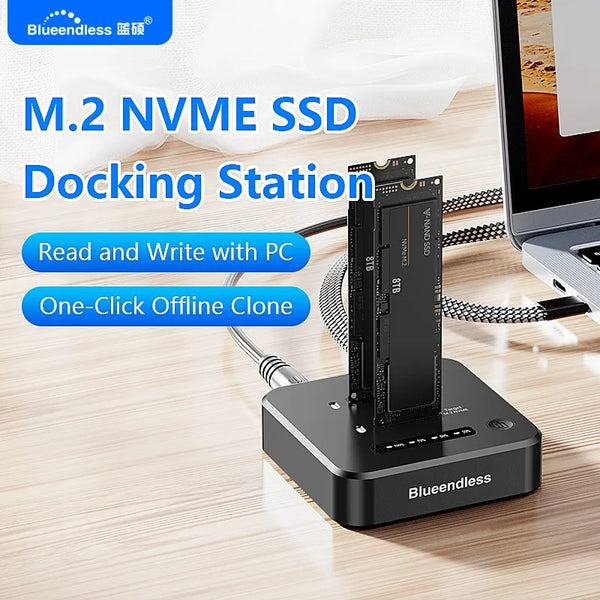 ស្ថានីយ៍ចត SSD M.2 NVMe ក្រៅបណ្តាញ Blueendless ក្លូនពីរច្រក 2Bay M2 NVMe Cloner ប្រភេទ C 10Gbps សម្រាប់ PCIe NVMe SSD Enclosure