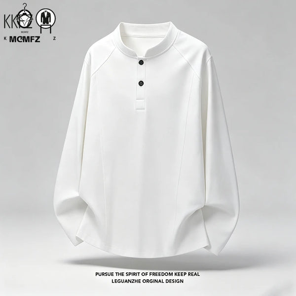 Mens Casual Loose Long Sleeve Henley Top Mandarin Stand Collar Raglan Seam Breathable Fabric Daily Wear
