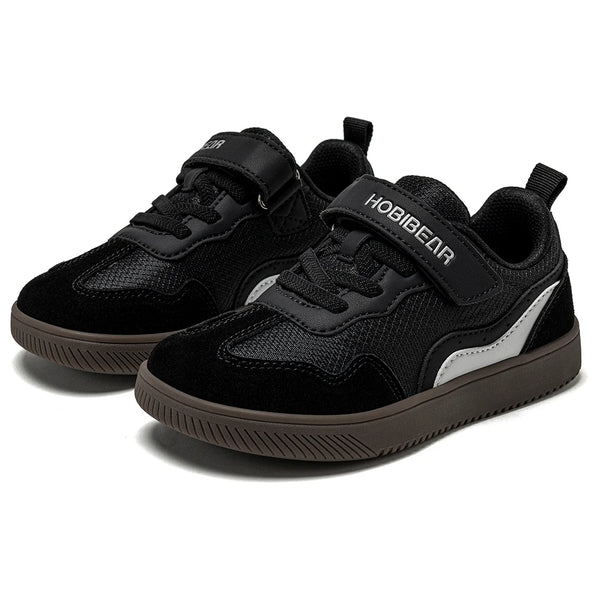 HOBIBEAR Kids Wide Toe Barefoot Shoes Hook Loop Minimalist Sneakers Artificial Leather Mesh Retro Walking Shoes for Big Kid