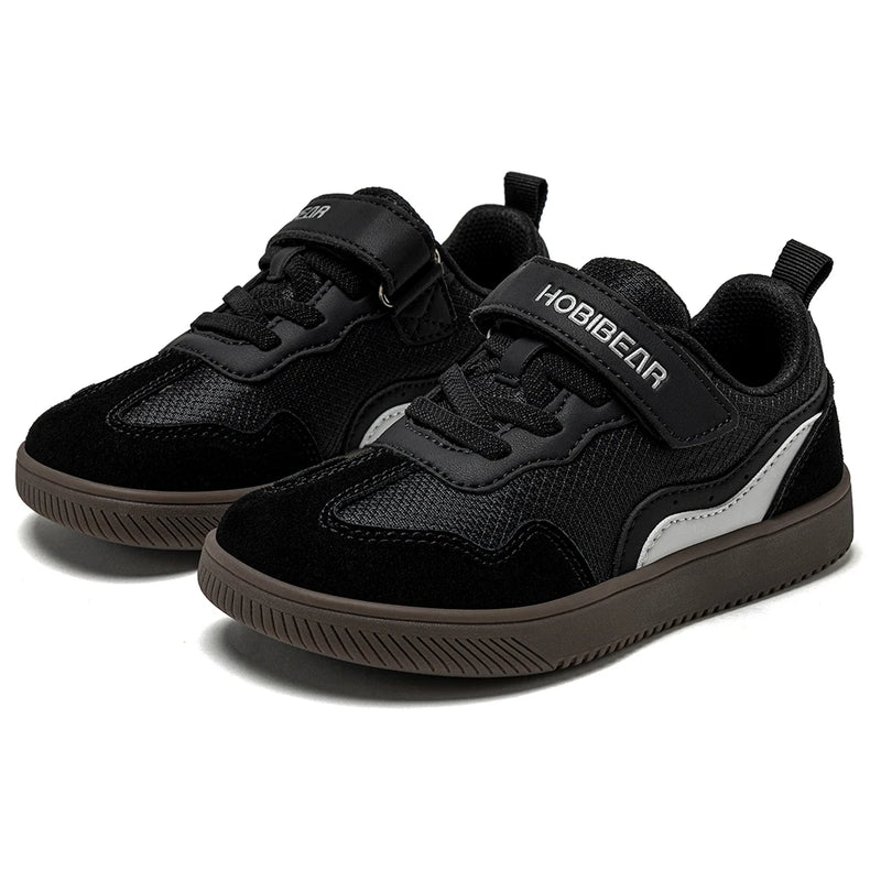 HOBIBEAR Kids Wide Toe Barefoot Shoes Hook Loop Minimalist Sneakers Artificial Leather Mesh Retro Walking Shoes for Big Kid