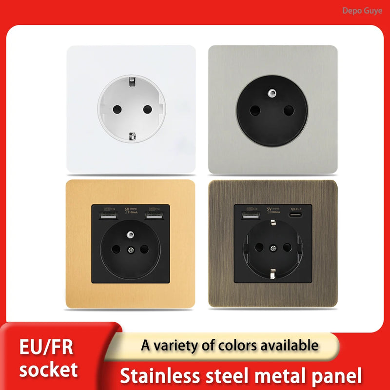 Retro EU French Standard Metal Double USB Wall Power Socket,Brushed Stainless Steel Antique Outlet with Type-c Usb Charing Port