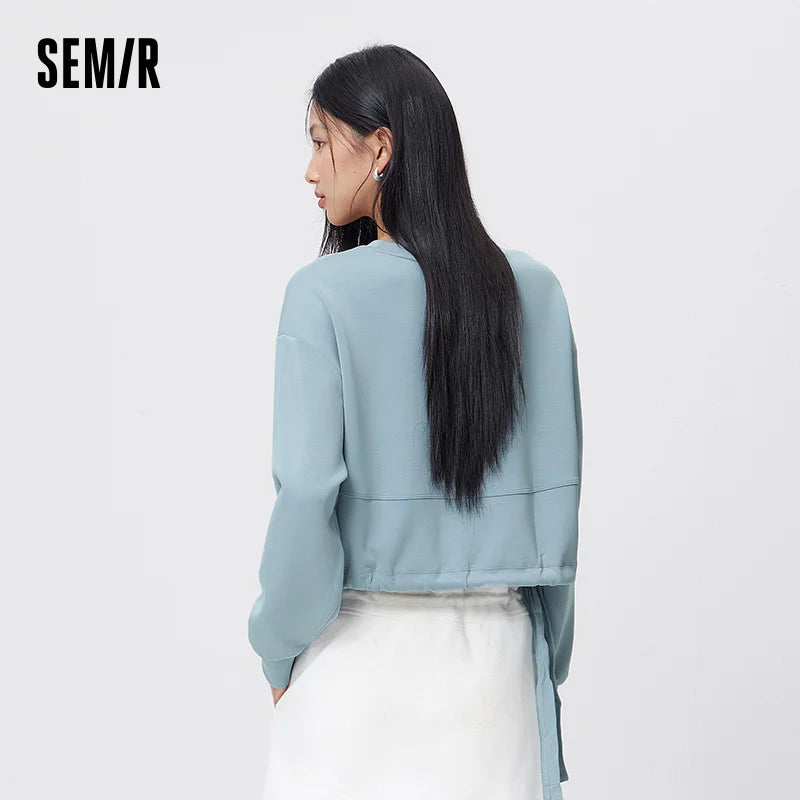 Semir Trendy Hoodie Women Spring Short Crew Neck Loose Letter Drawstring Casual Ins Fashion Minimalist Stylish Top