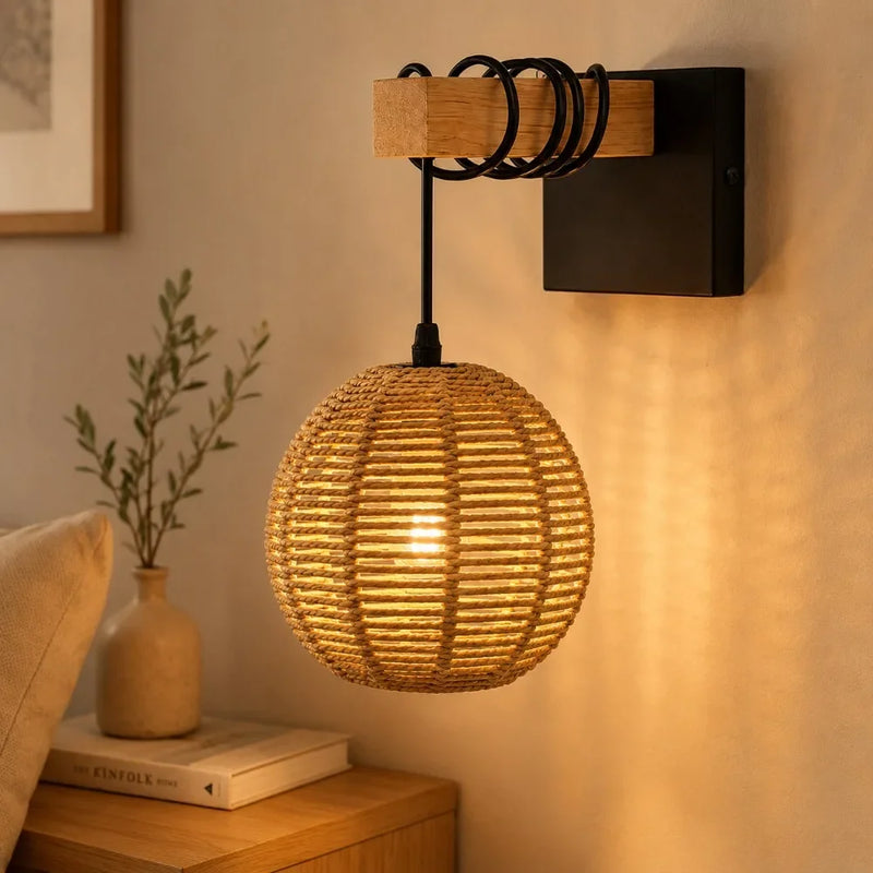 JOYINLED Vintage Indoor Wall Light, E27 Retro Rattan Wall Lamp with Woven Lampshade Wall Lamp for Living Room, Bedroom, Hallway