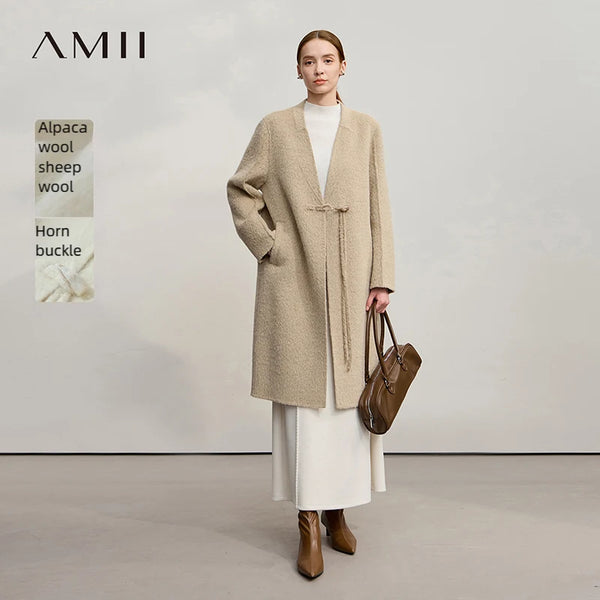 Amii Women's Coat 2026 Winter New Chinese Style V-neck Double-sided Outerwear Ladies Horn Button Woolen Jacket Woman 12554024