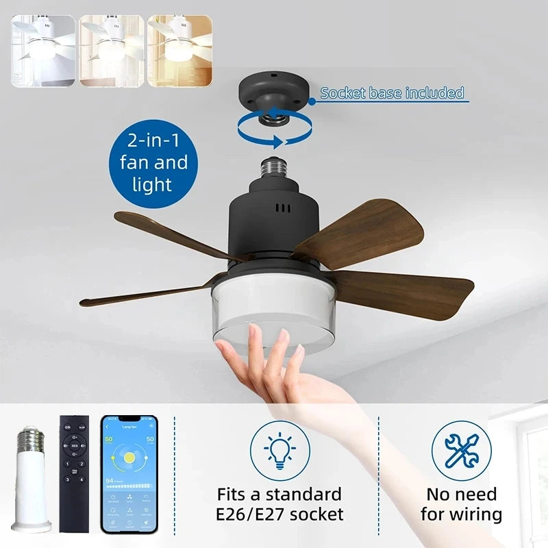 កង្ហារពិដានឆ្លាតវៃ 2-in-1 ភ្លើង LED ភ្លើង E27 កង្ហារបញ្ជាតាម APP ជាមួយប៊្លូធូស រចនាស្ងាត់សម្រាប់ការតុបតែងបន្ទប់គេង