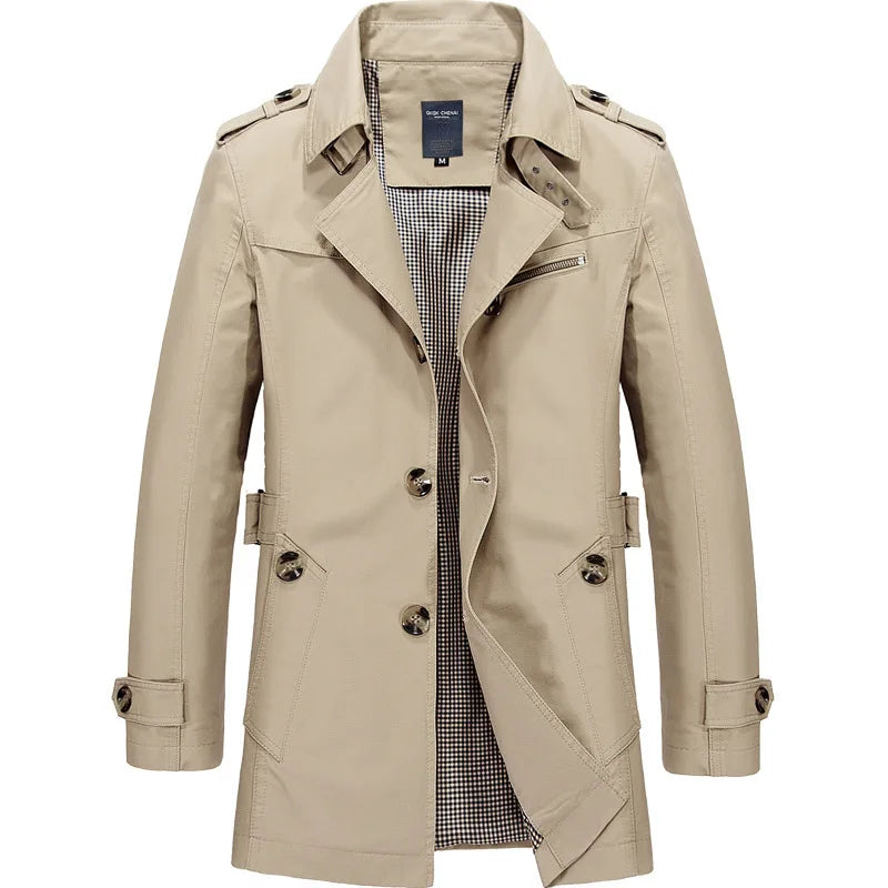 2026 New Men's Khaki Long-Sleeve Jacket, Green Single-Breasted Lapel Coat, Black or Blue Overcoat Available.