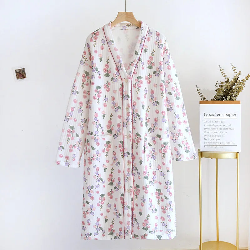 Air Layer Cotton V-Neck Cardigan Dress Long Sleeve Women's Autumn Winter Nightdress Loose Thicken Warm Nightgowns Female