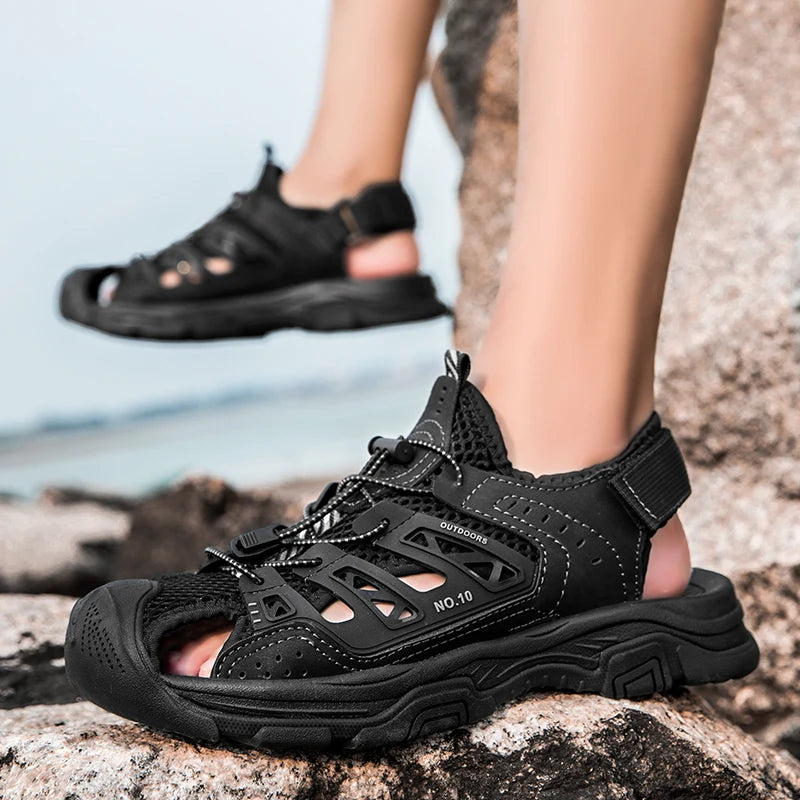 Summer Mens Outdoor Leather Sandals For Men Cover Toes Sandals Size 38-46 Anti Slip Rubber Soles Black Sandal Dropshipping