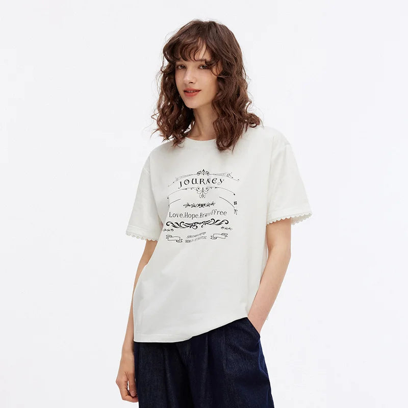 Semir Womens Tshirt 2026 Letter Printed Loose Lace Hem Fashion Trendy Casual Soft Daily