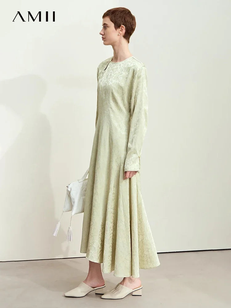 Amii Minimalism 2025 Women Dresses O-Neck Long Sleeve New Chinese Style Jacquard Retro Autumn Ankle-Length Female Dress 12443143