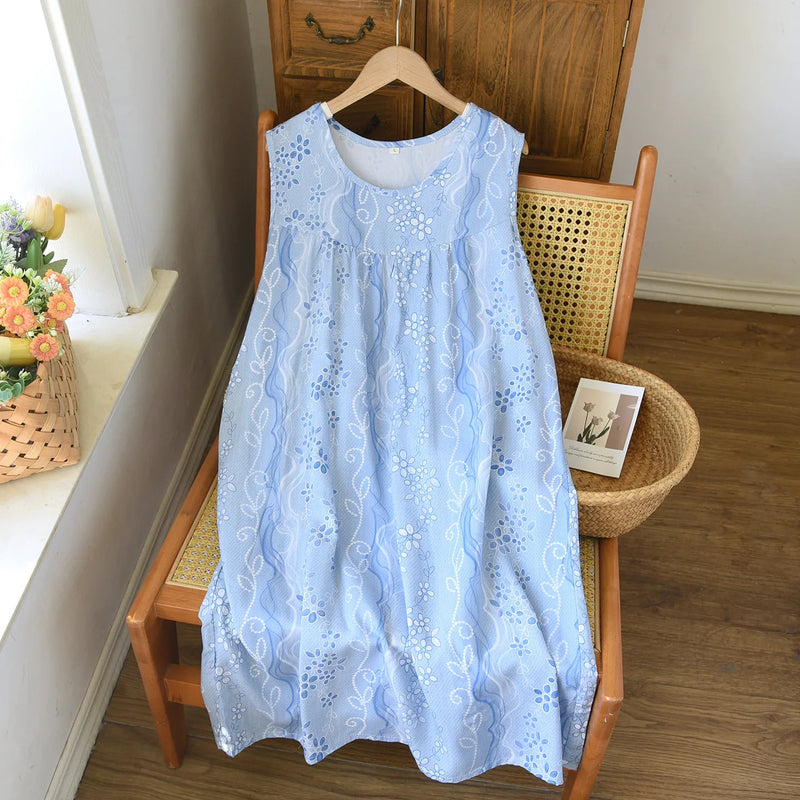 New Style Summer Sleepwear One Piece Dress Sleeveless Floral Nightgowns Woman Nightdress Soft Home Wear Lounge Sleeping Dress