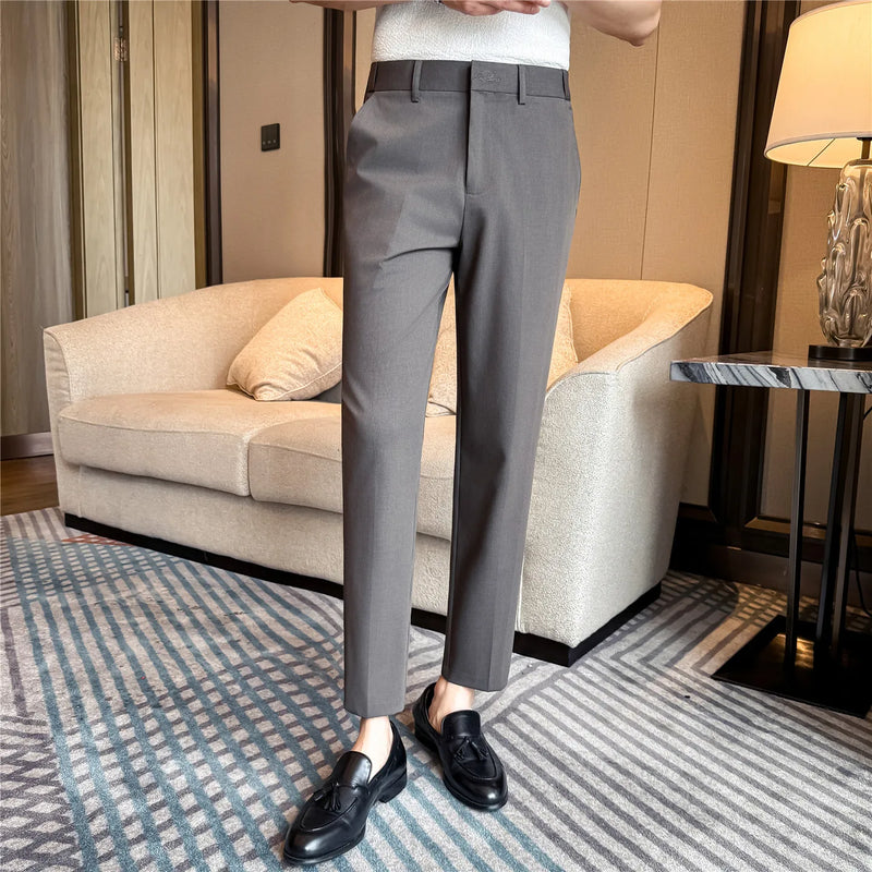 Men Summer Business Casual Trousers Lightweight Stretch Suit Pants Elastic Waist Flat Front Cropped Length Office Wear