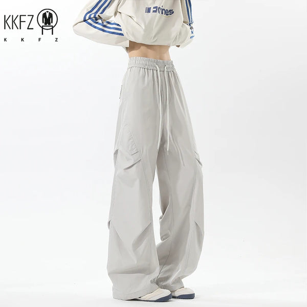 Male Fashion Cargo Pants Elastic Drawstring Waist Pleated Structure Wide Leg Silhouette For Trip Gathering And Street Wear