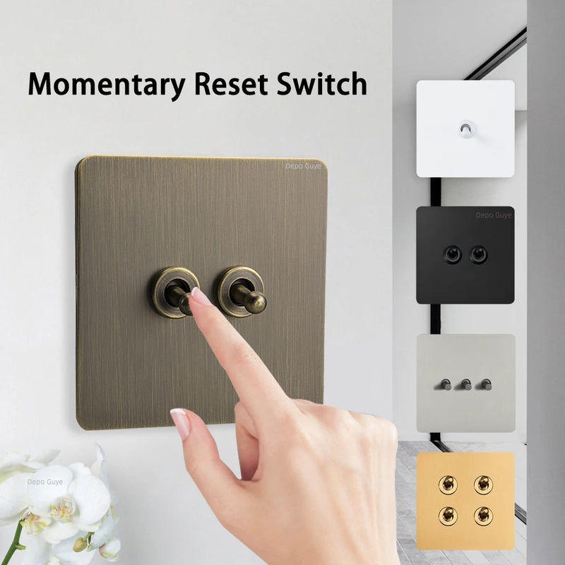 86 Type Retro Wall Momentary Reset Switch Brass Lever 1-4 Gang Bronzed Antique Switches Stainless Steel Panel For Home