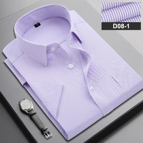 Summer Men's Vertical Striped Short-sleeved Cotton Shirt, Single-breasted Square Collar Shirts with A Pocket on The Left Chest