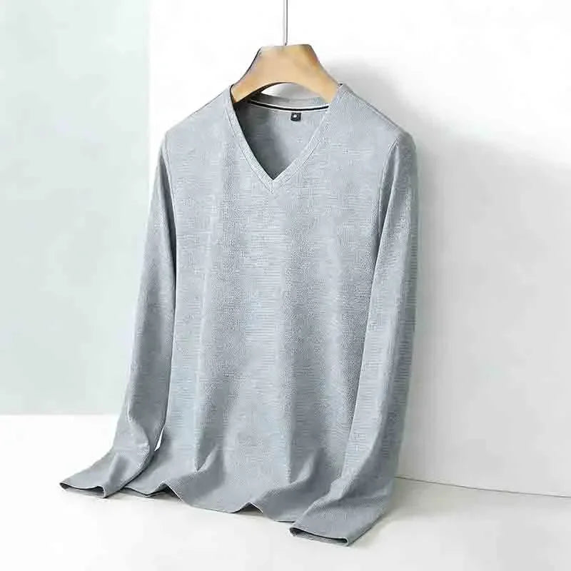 Men's Camel V-neck Long Sleeve Tee Slim Fit Soft Knit Pullover Spring & Autumn Shirt