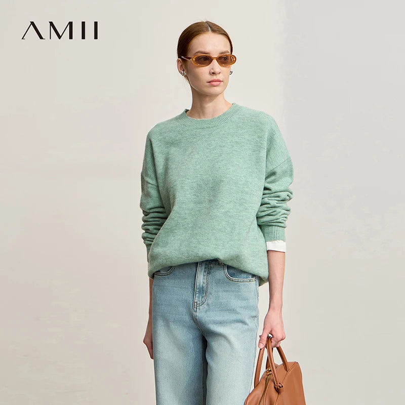Amii Woman Minimalist Knit Pullover Versatile Casual O-Neck Loose Warm Basic Tops 2026 Winter New Sweater for Ladies 12554059