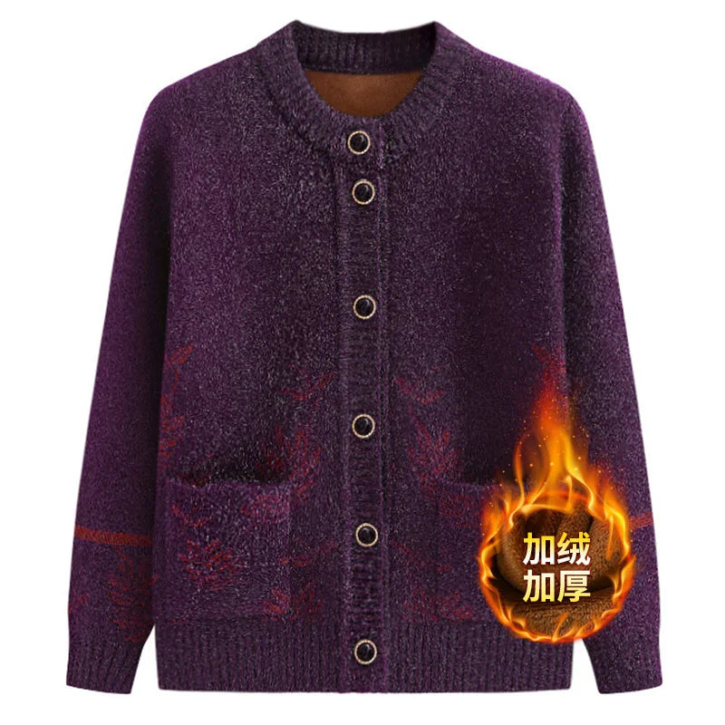 New Middle-Aged Elderly Women's Sweater Spring Autumn Cardigan Velvet Thicken Mother Knitted Top Grandma Winter Warm Coat