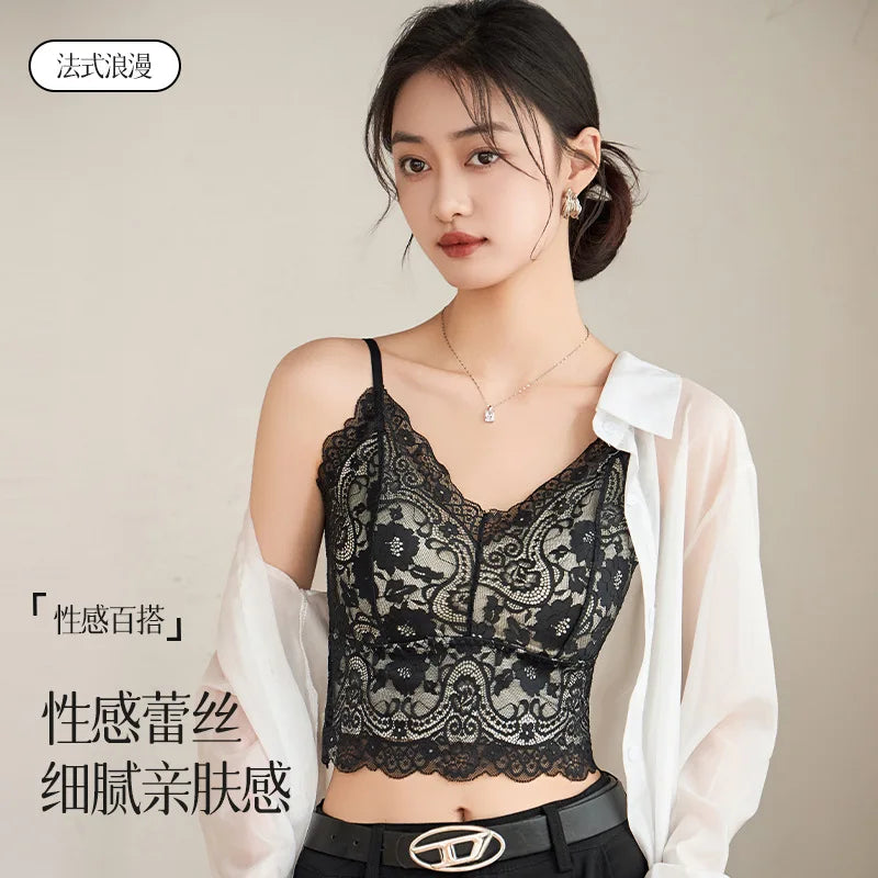 French Sexy Lace Chest Pad Suspender Top Beautiful Back Integrated Bra Bottom Vest for Women One Piece Pajamas Underwear